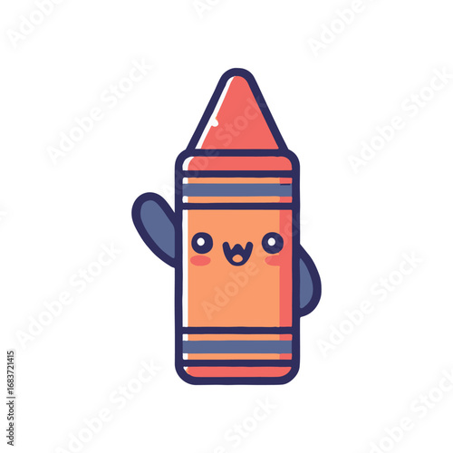 Cheerful cartoon crayon character waving, set against a clean white background, ideal for children's art themes