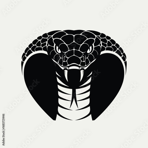 Striking graphic illustration of a menacing cobra head with its hood spread wide. This venomous serpent symbol represents danger, power, and wildlife aggression