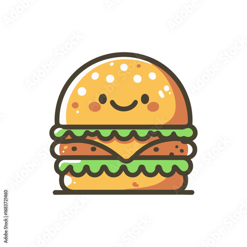 Cheerful cartoon hamburger with smiling face, vibrant colors, simple design, and playful style