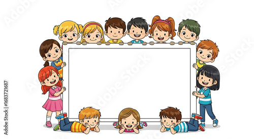 Cartoon children surrounding a blank white rectangular sign with happy expressions on a white background