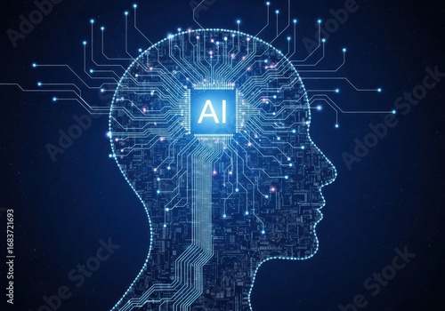 Artificial intelligence brain with glowing circuits and ai chip