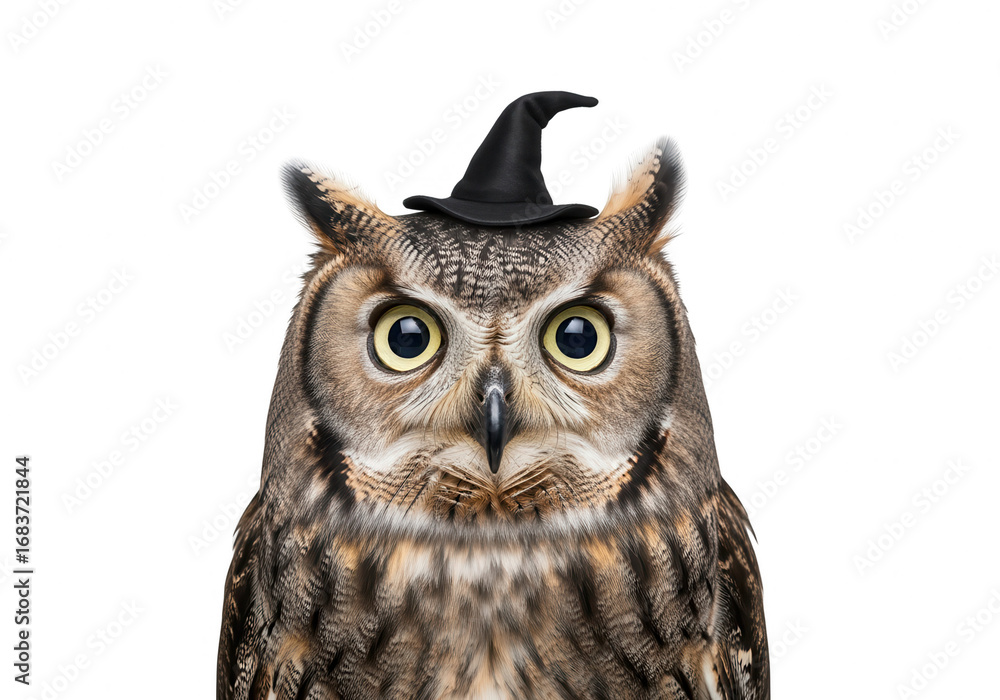 Obraz premium Owl with Witch Hat Isolated on White: Halloween Costume