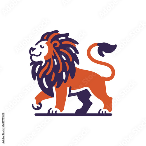 Colorful illustration of a lion walking confidently, showcasing its majestic mane and playful demeanor