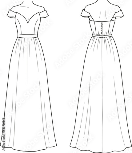 Off shoulder evening dress cad drawing, fashion technical sketch, long gown vector template, front back view flat illustration
