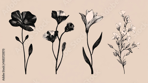 Elegant floral drawing featuring an assortment of flowers and botanical elements on light background artistic representation