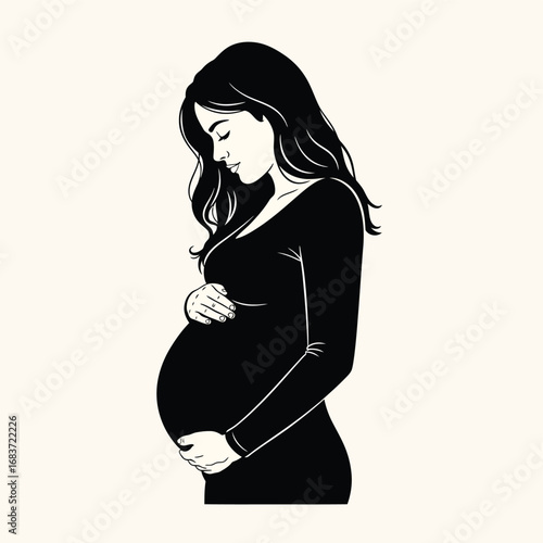 A pregnant woman in a long black dress, holding her belly with tenderness and a gentle smile, embodying the beauty and anticipation of motherhood with serene elegance