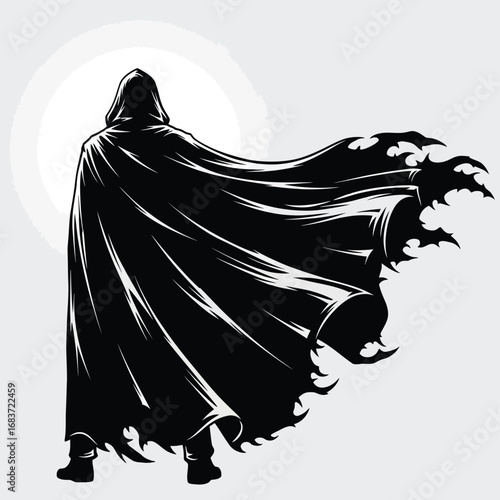Mysterious hooded figure in a flowing black cape, standing silhouetted against a bright, ethereal light, evoking a sense of powerful anonymity and dark fantasy