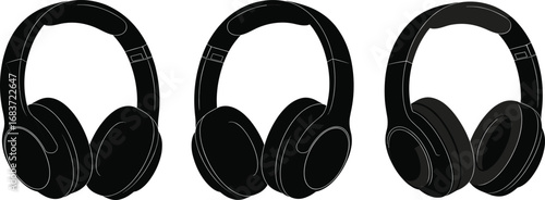 Modern wireless headphones vector illustration, black over ear audio headset design, music technology device, sound equipment, digital art, isolated graphic, accessory