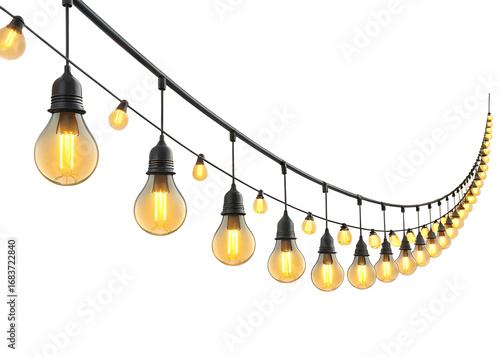 Realistic String Lights with Warm Yellow Glow Black Cable Edison Bulbs Festive Decoration isolated on a transparent background