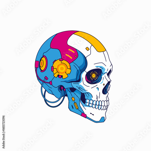 Futuristic Cybernetic Skull Illustration with Vibrant Colors and Intricate Details