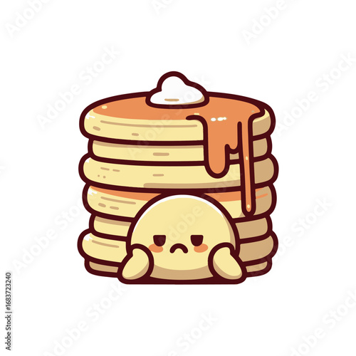 Cute cartoon character hiding behind a stack of pancakes with syrup, evoking a playful mood