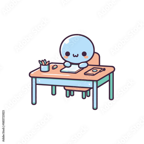 Cute cartoon character sitting at a desk, writing on paper with colorful stationery nearby