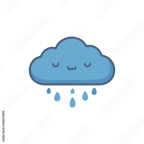 Cute cartoon cloud with a smiling face, gently raining drops, set against a white background
