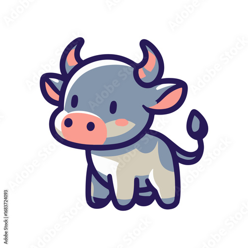 Cute cartoon cow character standing playfully, with a simple background, ideal for children's themes