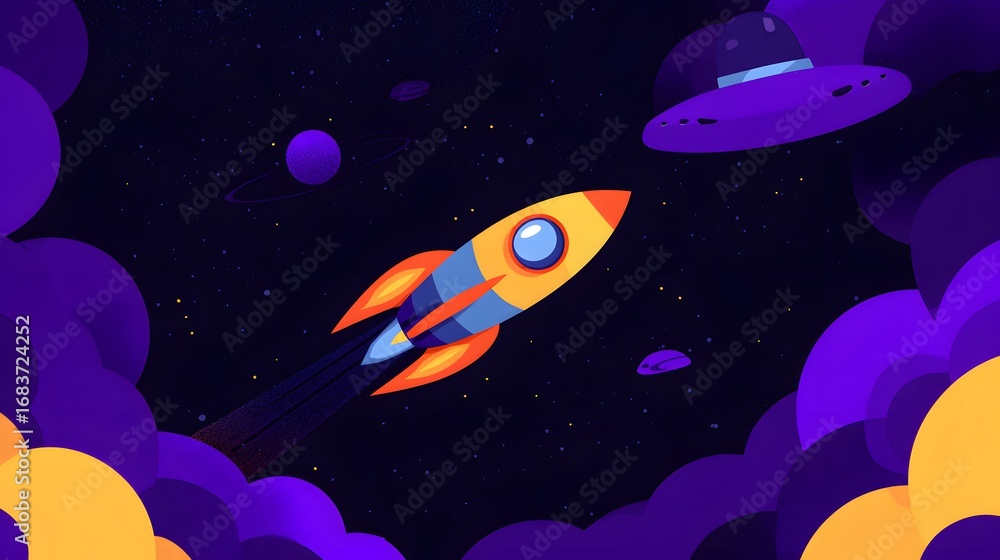 Naklejka premium Flat illustration of a rocket with clouds and planets. rocket in space concept.