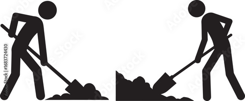 Two stick figures digging with shovels silhouette isolated on white background