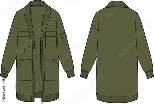 Olive green long sleeve utility jacket, front and back technical flat sketch, detailed fashion cad drawing, outerwear vector template