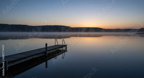 Tranquil sunrise over a lake, with a wooden dock. Calm morning mist hangs over the water