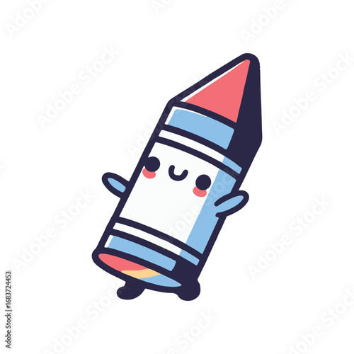 Cute cartoon crayon character with a smiling face, standing cheerfully against a white background
