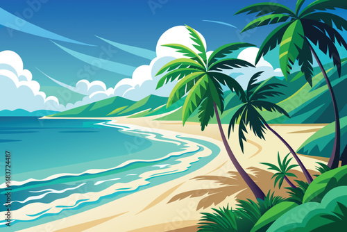 Vibrant tropical beach paradise with turquoise waters and lush greenery