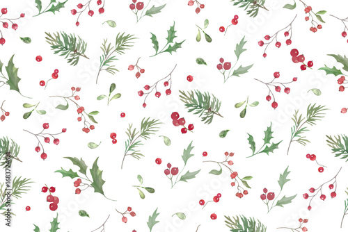 Christmas watercolor seamless pattern with holly berries, pine cones, mistletoe. Hand drawn illustration. Vector EPS.