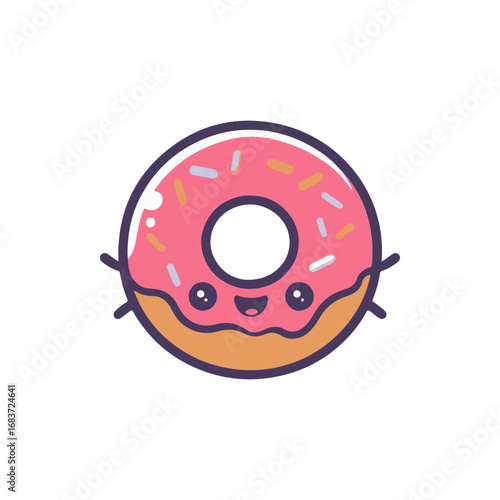 Cute cartoon donut with pink icing and sprinkles, smiling cheerfully against a white background