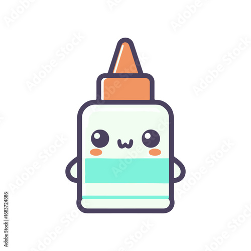 Cute cartoon glue bottle character with a smiling face, set against a simple white background