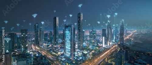 Wallpaper Mural Smart City Skyline: A futuristic cityscape glows with digital connectivity, illustrating the advanced technology, innovation, and interconnectedness of a smart city. Torontodigital.ca