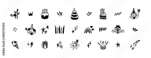 Set of cute line doodle kids birthday icons. Crown shape, explosion effect, ball bounce, music note and drum. Quirky whimsical childish tattoo set. Cake with candles. Twinkle, glitter crayon scribbles