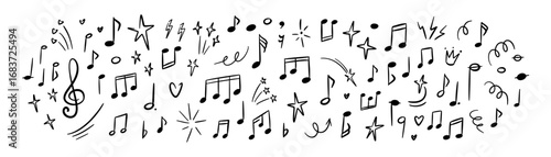 Hand drawn music notes background. Handwriting sketch vector illustration. Classic note staff. Song melody. Musical school, karaoke, conservatory design concept. Underline, emphasis, twinkle effect