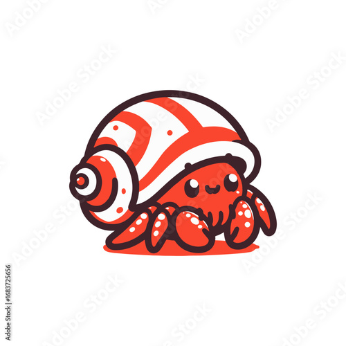 Cute cartoon hermit crab with a striped shell sitting on a sandy beach with a bright background