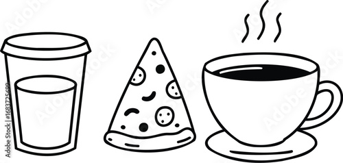 Simple black and white illustration of a drink, pizza slice, and hot coffee.