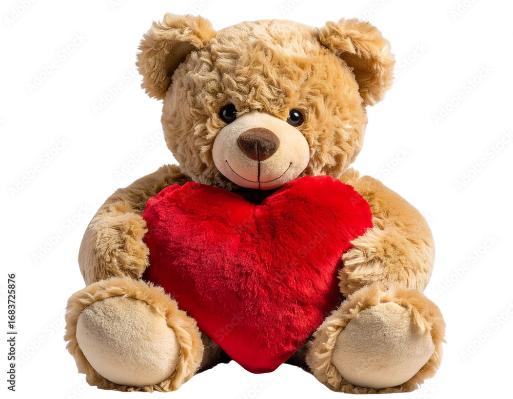 Fototapeta premium Adorable Teddy Bear Hugging Red Heart, Front View, Isolated on Transparent Background