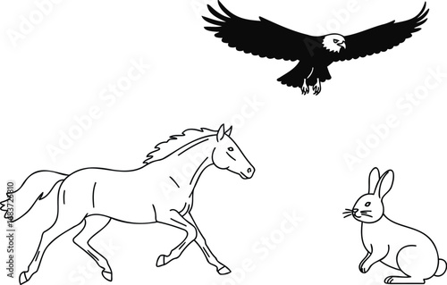 A black and white illustration of a horse running, an eagle flying, and a rabbit sitting.