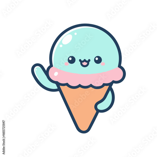 Cute cartoon ice cream cone character waving cheerfully with a pastel color scheme