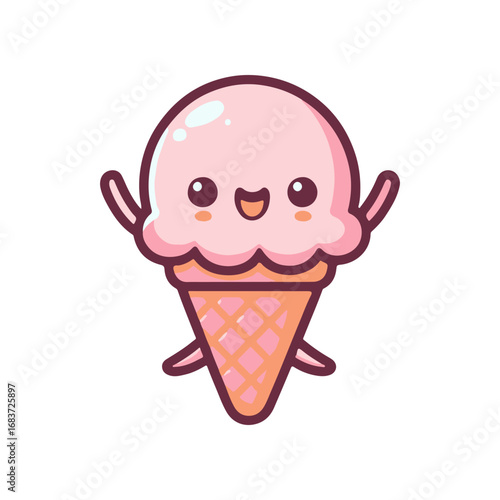 Cute cartoon ice cream cone character with a smiling face and raised arms on a white background
