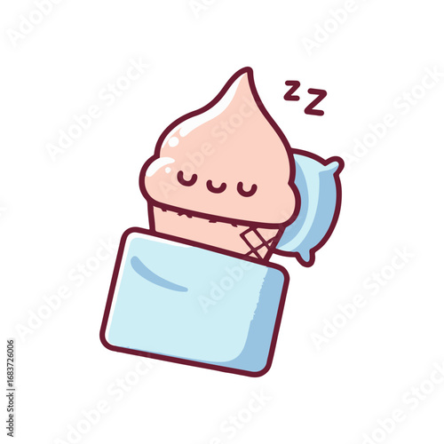 Cute cartoon ice cream cone sleeping under a blanket with a pillow, whimsical and cozy scene