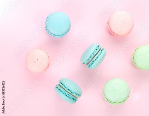 Assorted Pastel Macarons on Soft Pink Background – Elegant French Dessert Arrangement