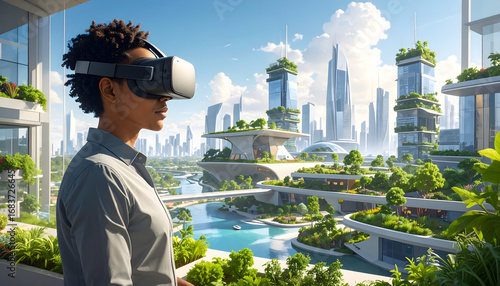 Person wearing a virtual reality headset views a futuristic, green, and sustainable city with modern architecture and lush landscapes.