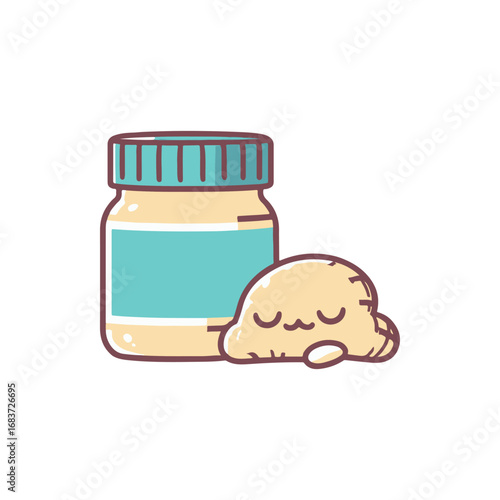 Cute cartoon illustration of a jar of peanut butter and a smiling cookie resting beside it