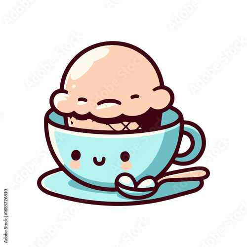 Cute cartoon illustration of a smiling ice cream cup with a scoop of vanilla ice cream inside