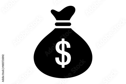 Illustration of a black money bag with a dollar sign in the center on a white background