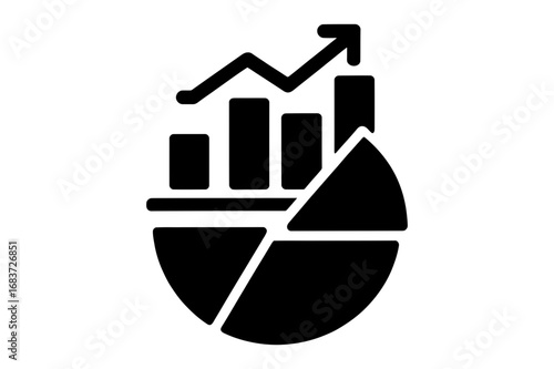 Black and white illustration of a bar graph, pie chart, and an upward trending arrow graph