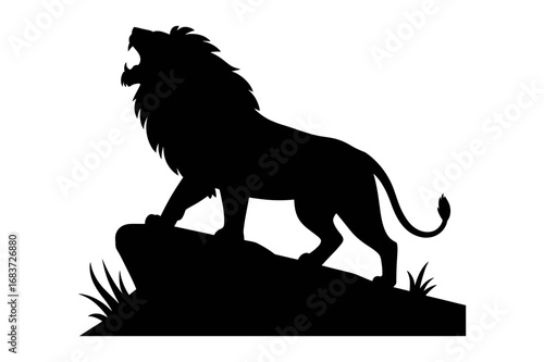 Silhouette of a roaring lion standing atop a rock formation with grass at the base in black