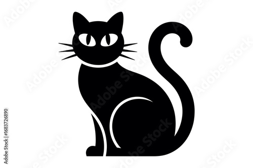 Illustration of a black cat sitting upright with a curled tail and pointed ears design art