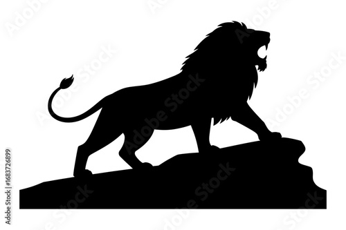Silhouette of a roaring lion standing on a rock with a majestic mane and curled tail design
