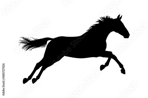 Silhouette of a horse in midair with its tail and mane flowing freely on a white background