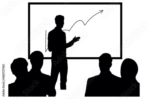 Silhouette of a presenter explaining a graph to an audience in front of a whiteboard screen