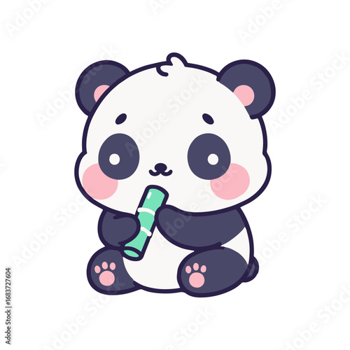 Cute cartoon panda character sitting and playing with a bamboo stick, cheerful background