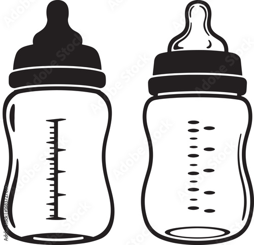 Two baby bottles silhouette isolated on white background